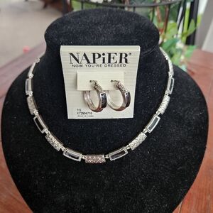 NWT Napier Silver & Black Enamel Necklace & Hoop Set
